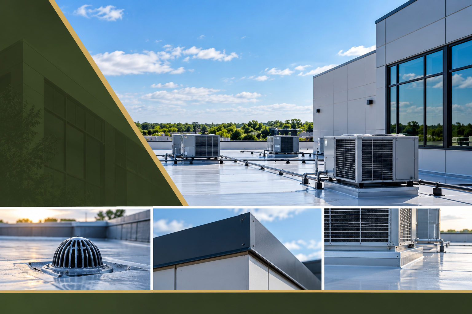 Commercial flat-roof maintenance graphic — HVAC units, roof drain, and edge metal